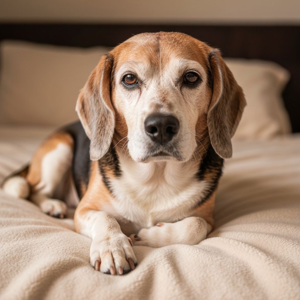 Bob, um beagle idoso com olhar carinhoso