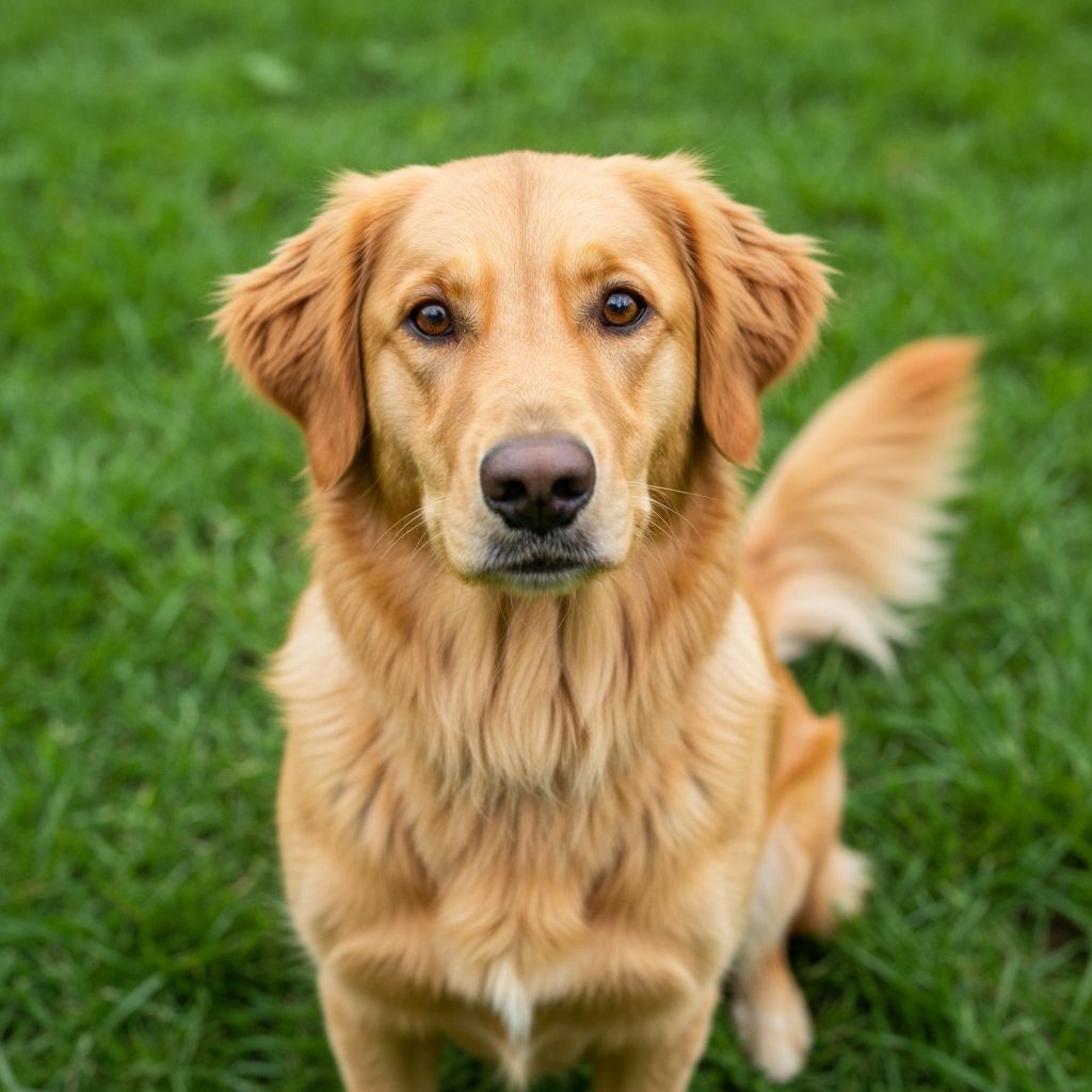 Luna, uma golden retriever caramelo com olhar amoroso