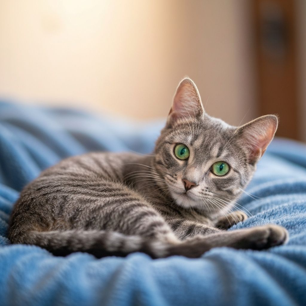 Mimi, uma gata cinza listrada com olhos verdes